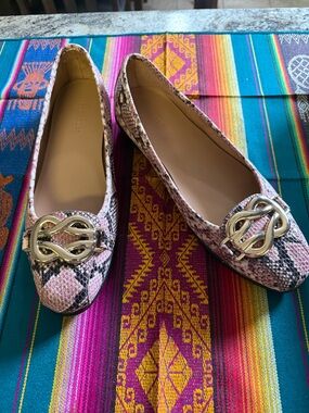 Faux Leather Snake-Print Ballet Flats with Gold Accent - Pink